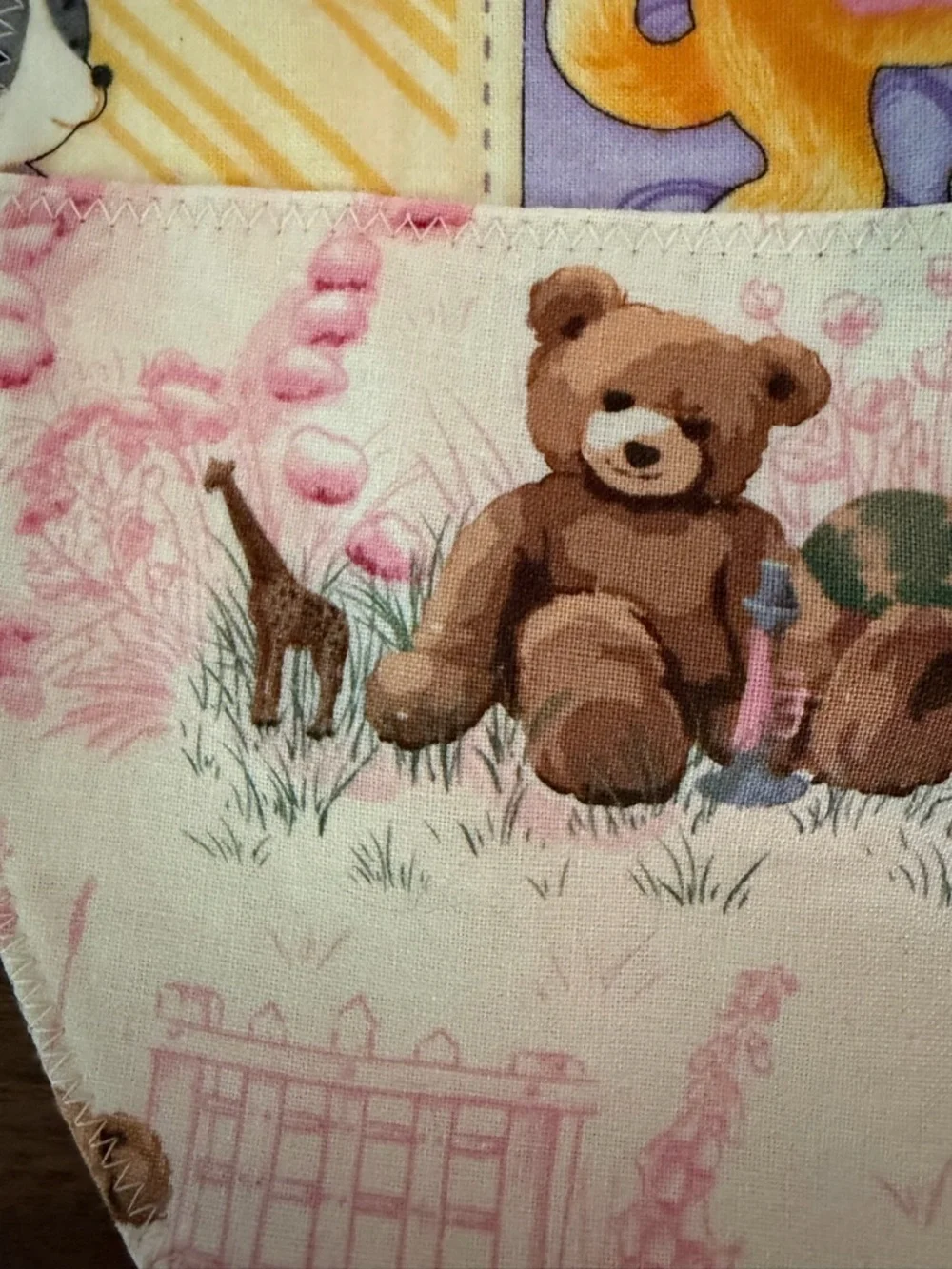 NEW Pink Patchwork Reversible Baby Girl Bib. Cats, Teddy Bears, Fairies Handmade